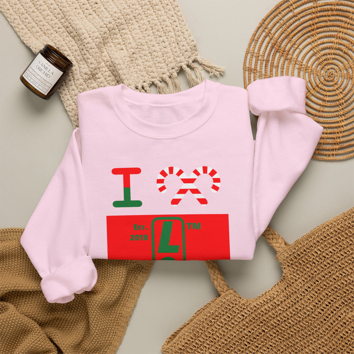 I candy cane LongD Chicago upright logo positive green on negative red crewneck sweatshirt