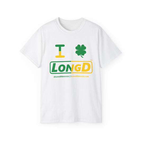 I Clover LongD® Logo Cotton Tee (St. Patrick's Day -Irish Green and Golden Yellow right-left split with 4-leaf clover)