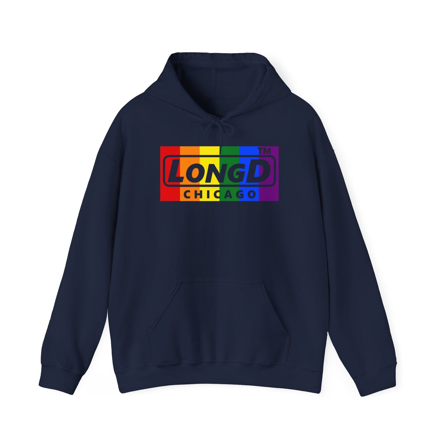 LongD® negative vertical striped Chicago logo hoodie (Pride colors)