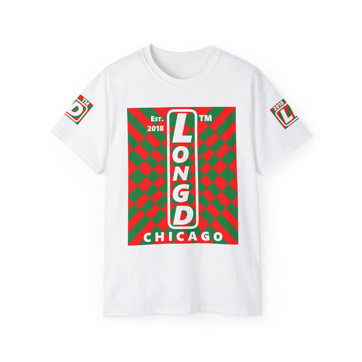 LongD Chicago negative upright stylized argyle 4-print logo (Xmas colors) cotton tee