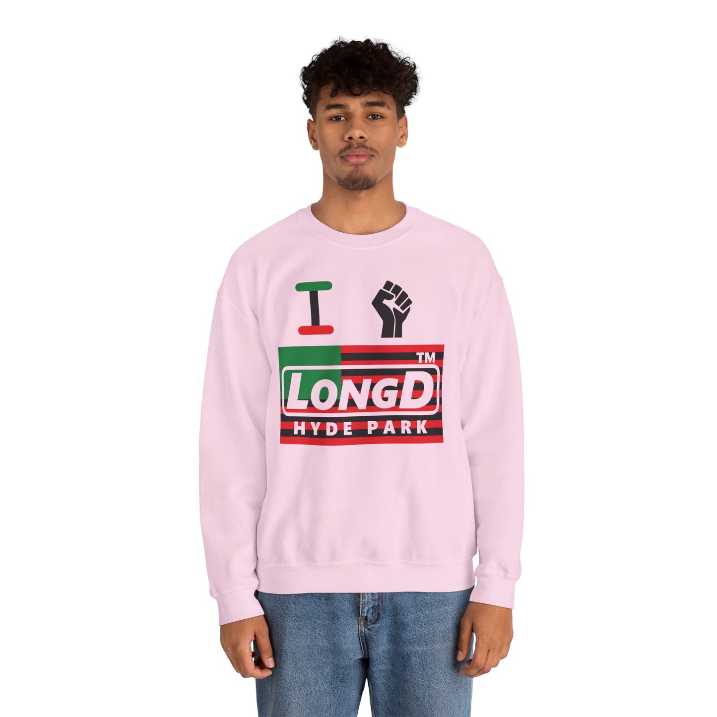 I fist LongD negative flag Hyde Park logo crewneck sweatshirt