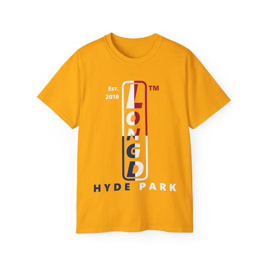 LongD cotton tee positive quarters Hyde Park upright logo (Patriotic colors)