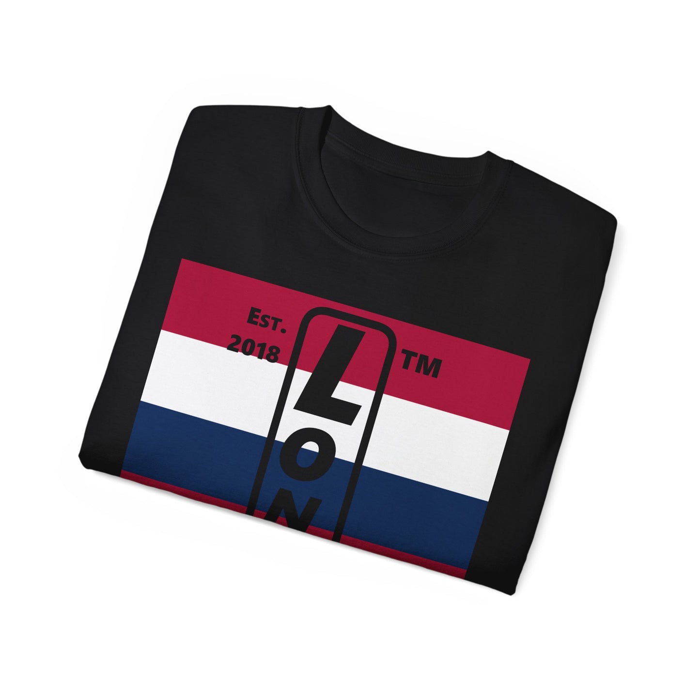 LongD cotton tee negative horizontal 6-striped Chicago upright logo (Patriotic colors)