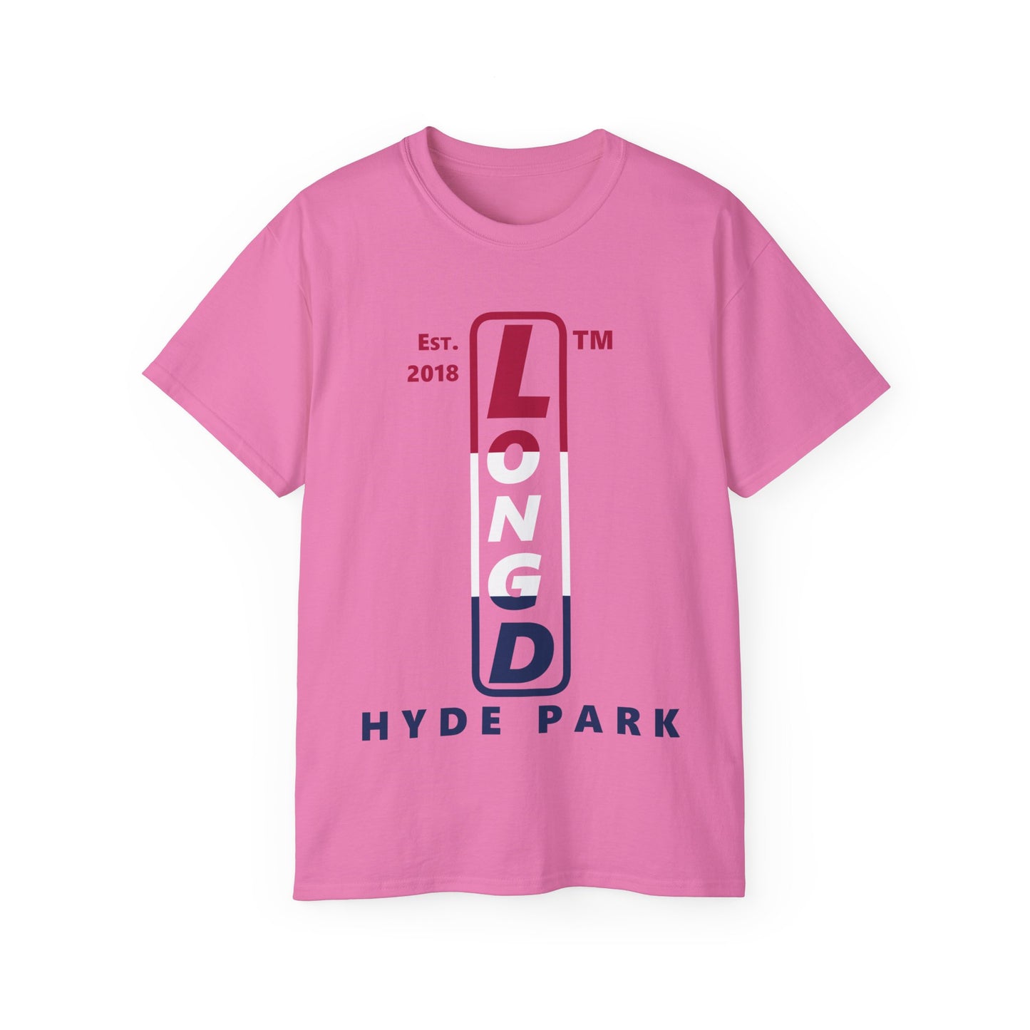 LongD cotton tee positive horizontal 3-striped Hyde Park upright logo (Patriotic colors)