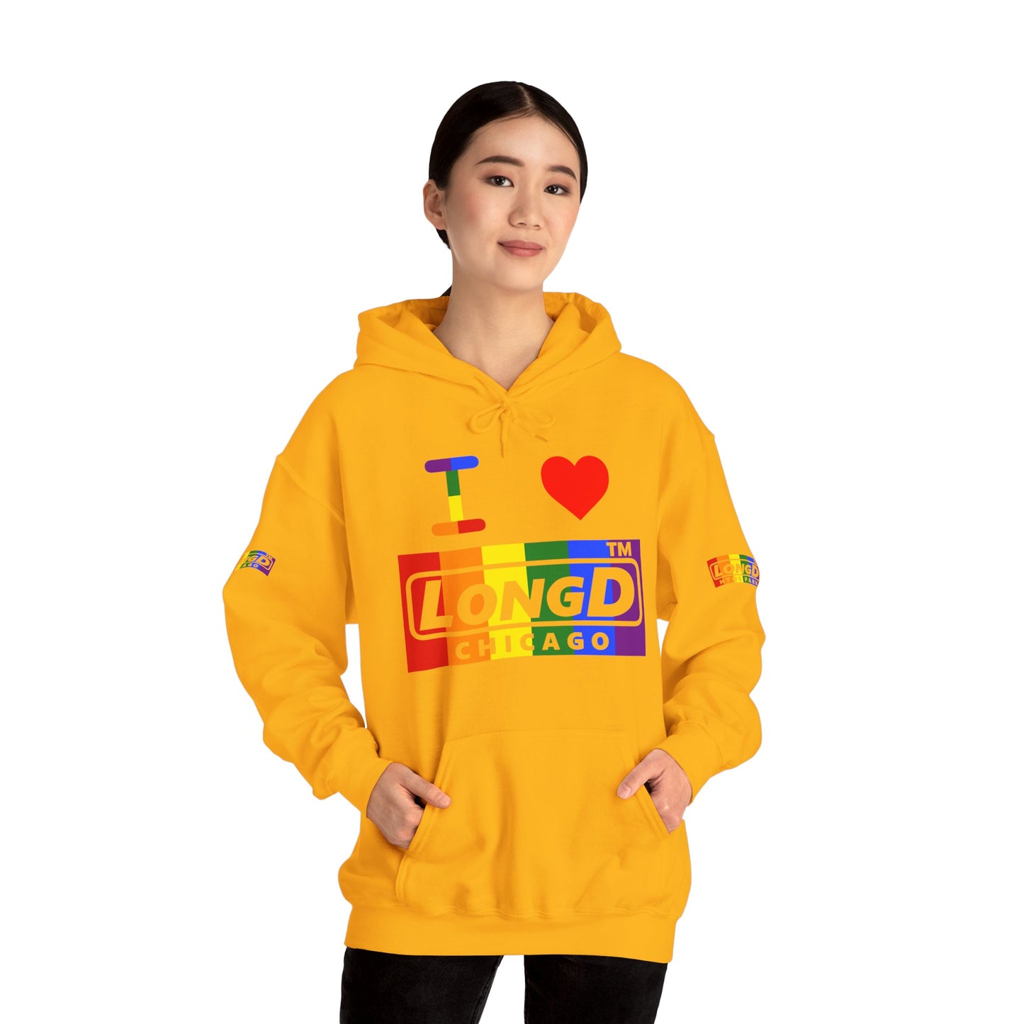 I Luv LongD® negative vertical striped 4-print Chicago logo hoodie (Pride colors)