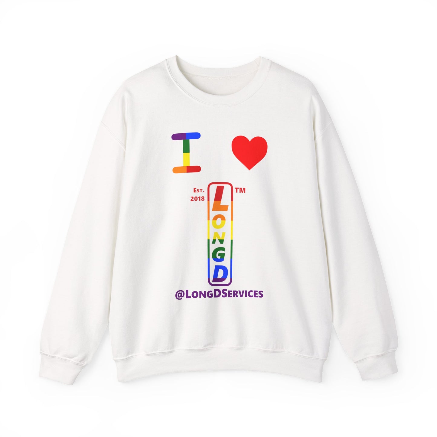 I Luv LongD positive horizontal 6-striped tag upright logo crewneck sweatshirt