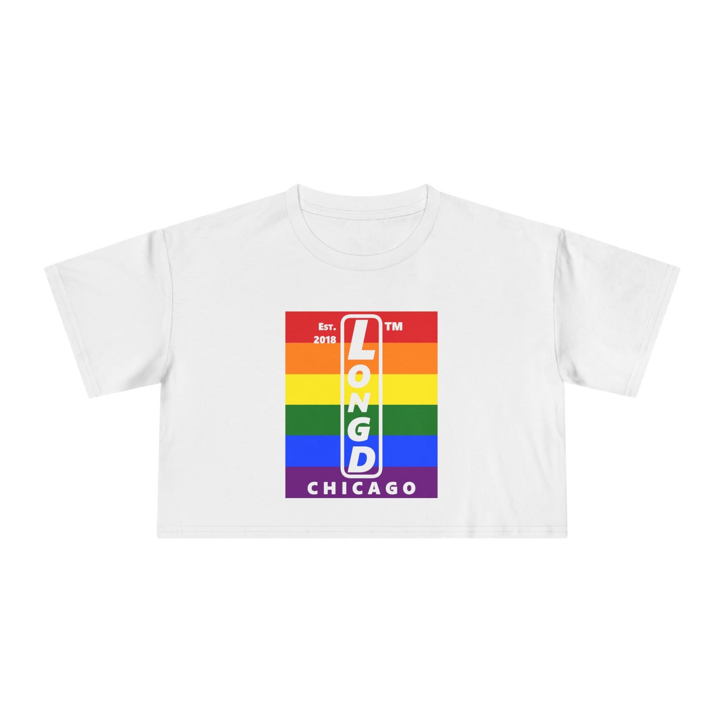 Mixed horizontal 6-striped upright front-back Chicago logo crop tee (Pride colors)