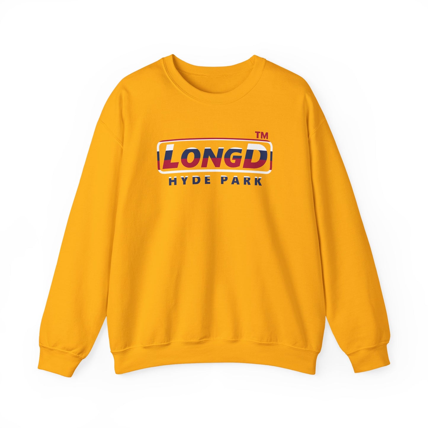 LongD positive horizontal 6-striped Hyde Park logo crewneck sweatshirt (patriotic colors)