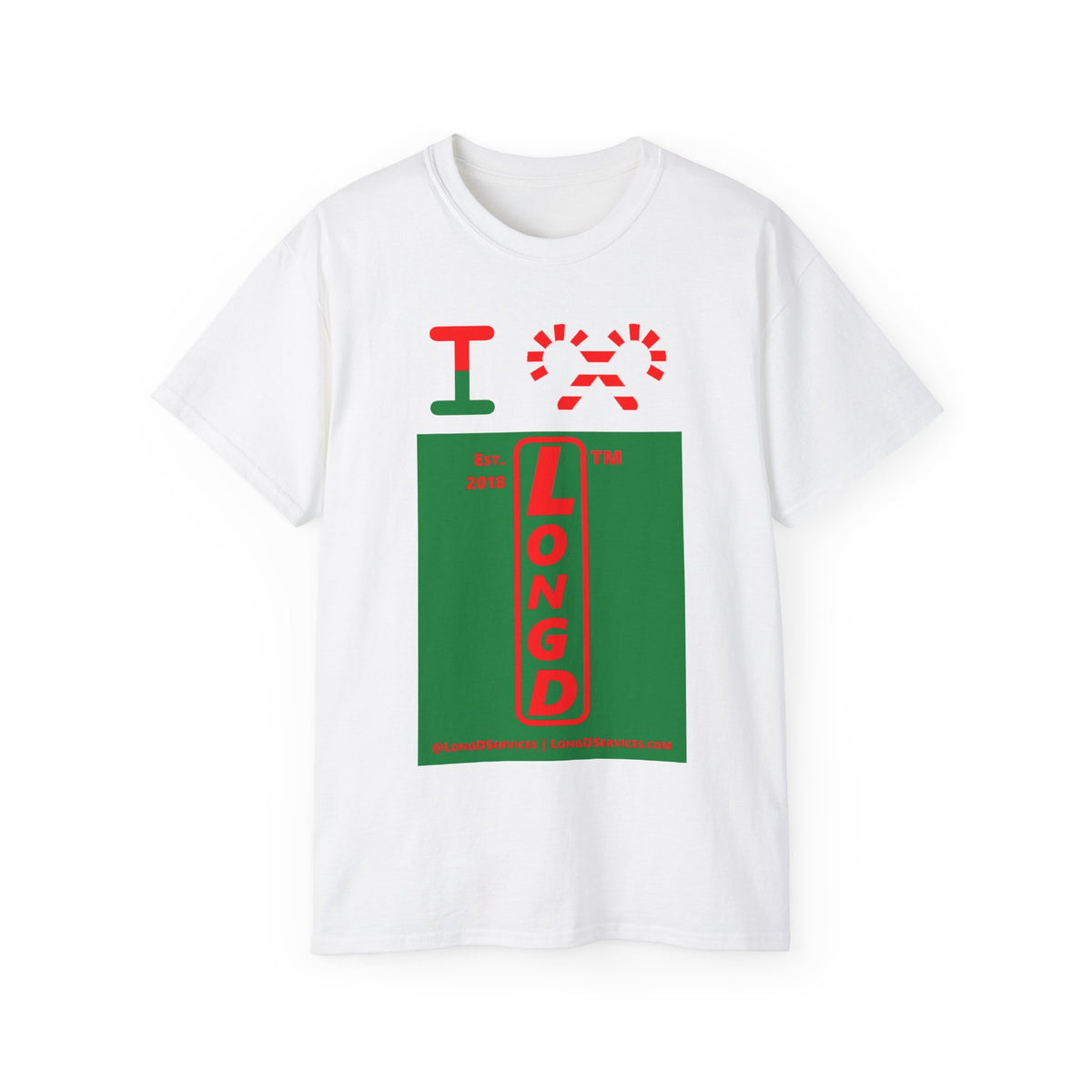 I candy cane LongD Tag-domain upright front-back logo positive red on negative green cotton tee