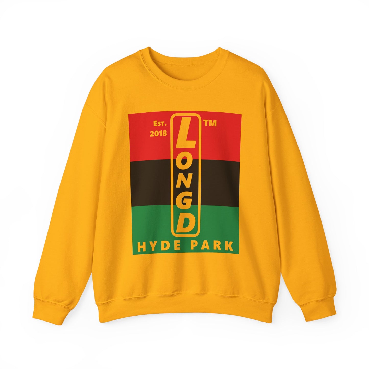 LongD negative horizontal 3-striped Hyde Park upright logo crewneck sweatshirt (Juneteenth colors)