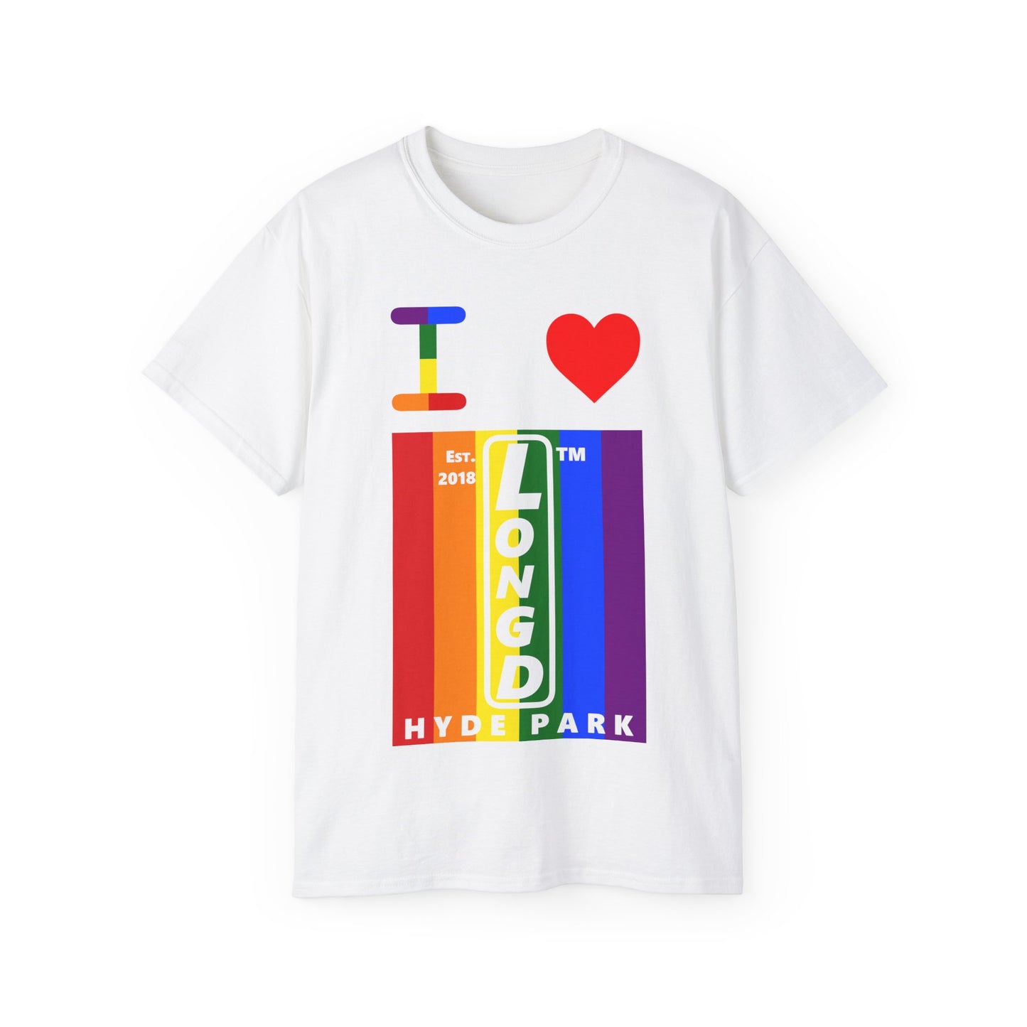 I Luv LongD Cotton Tee negative vertical striped Hyde Park upright logo (Pride colors)