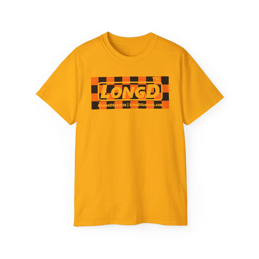LongD Tag-domain negative checkered logo (Halloween colors) cotton tee