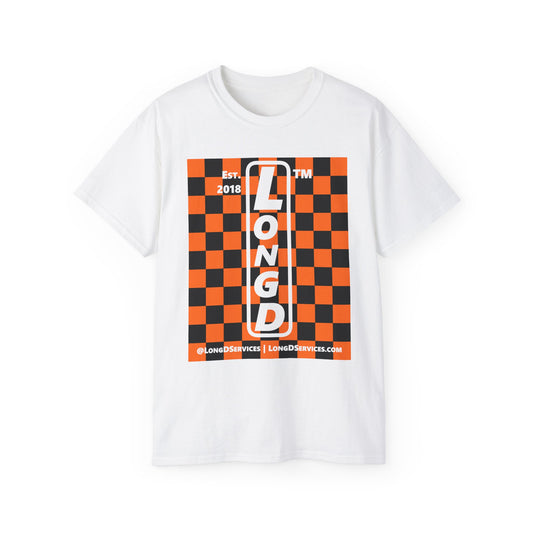 LongD Tag-domain negative upright checkered logo (Halloween colors) cotton tee