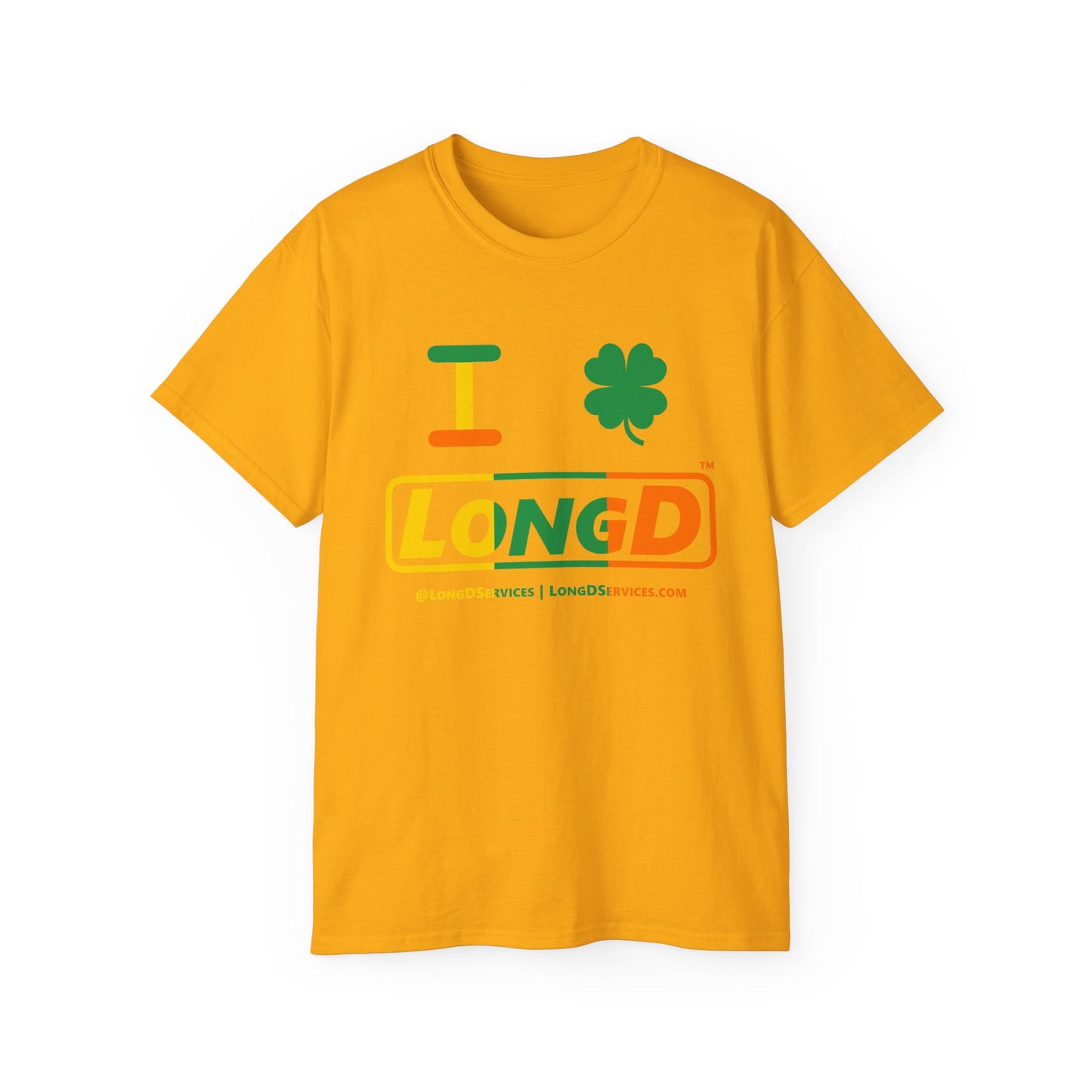 I Clover LongD® Logo Cotton Tee (St. Patrick's Day -Irish Green, Golden Yellow and Irish Orange thirds with 4-leaf clover)