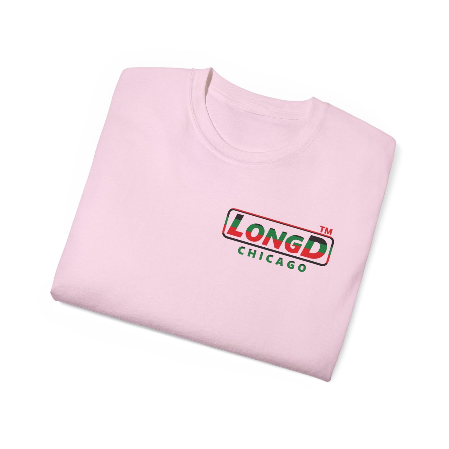 LongD positive horizontal 6-striped Chicago logo single-breasted front-back cotton tee (Juneteenth colors)