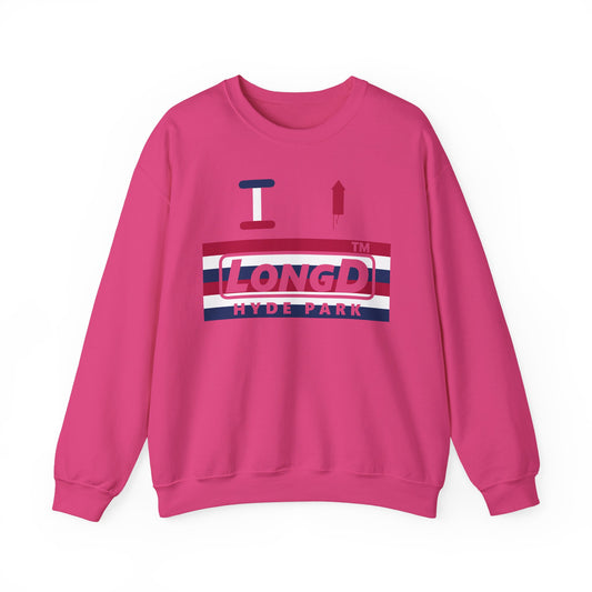I firecracker LongD negative horizontal 6-striped Hyde Park logo crewneck sweatshirt