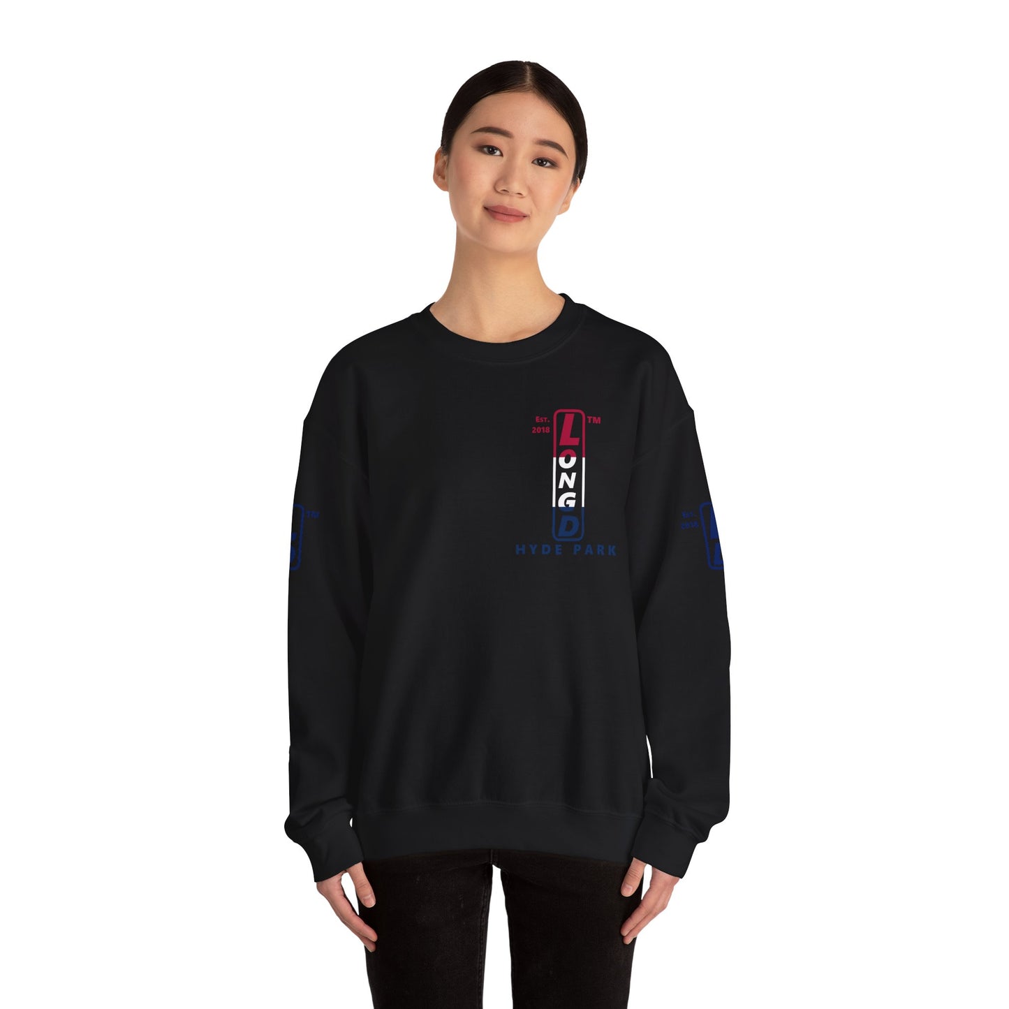LongD positive horizontal 3-striped Hyde Park upright 4-print single-breasted logo crewneck sweatshirt (patriotic colors)