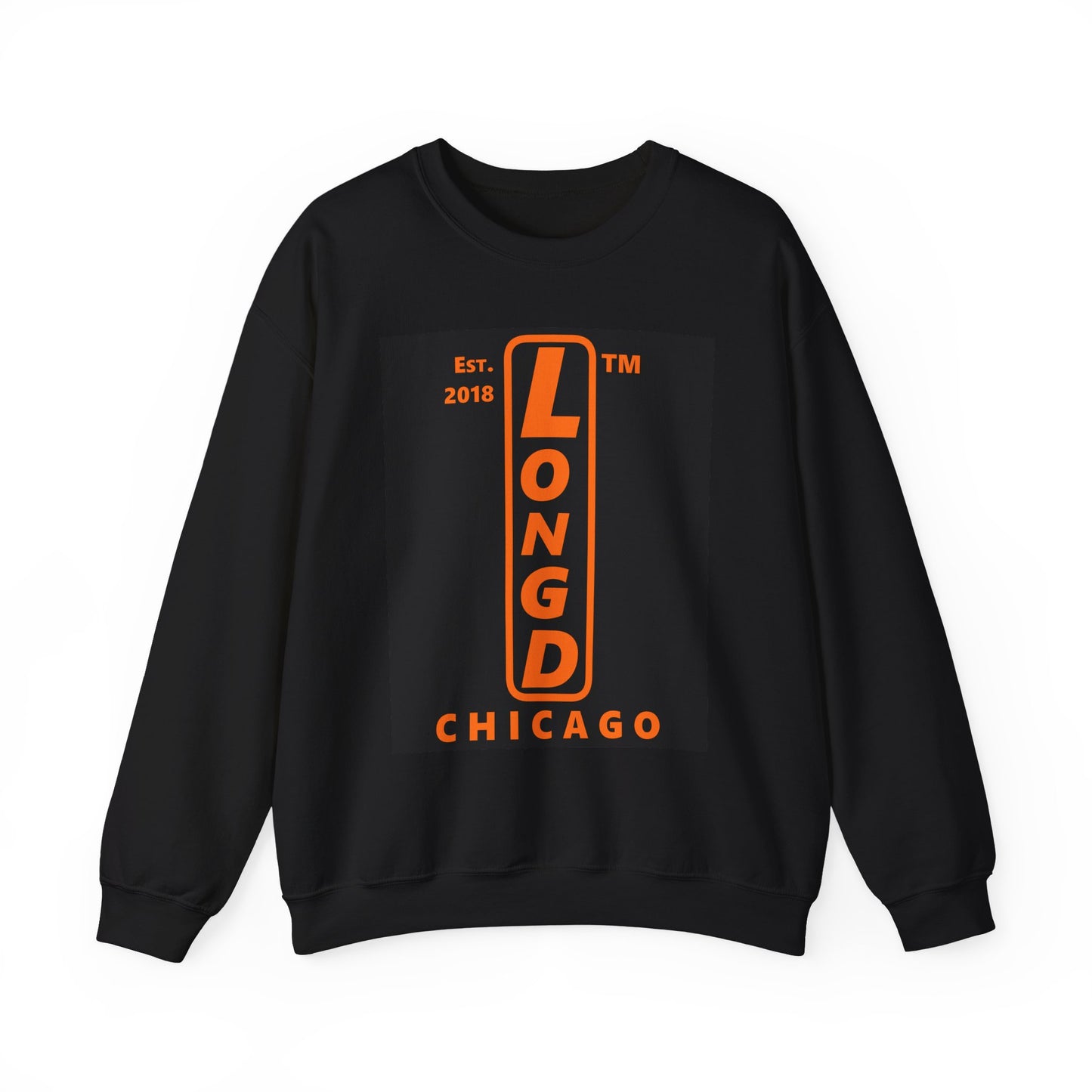 LongD Chicago upright front-back logo orange (FE7518) on Black (000000) crewneck sweatshirt