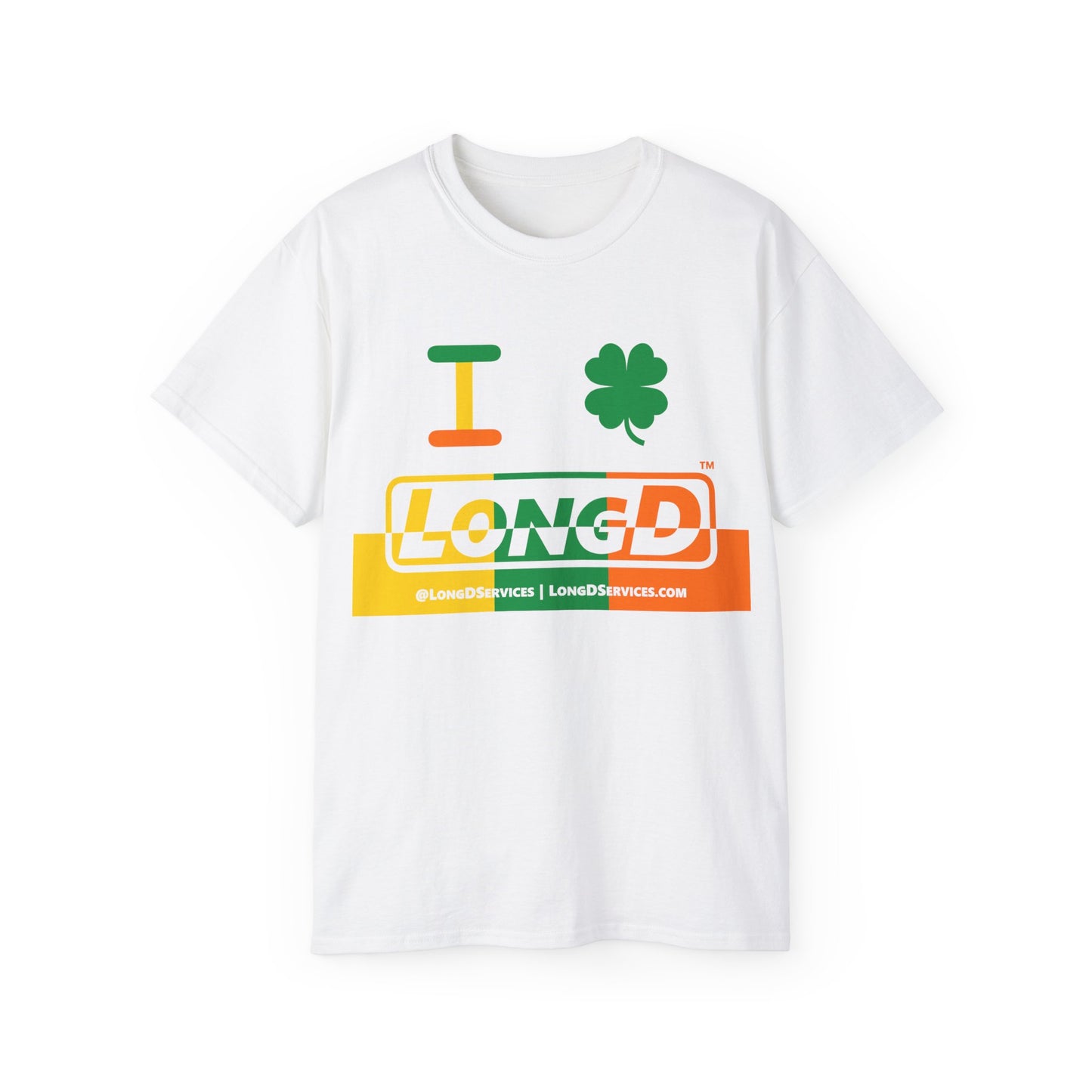 I Clover LongD® Logo Cotton Tee (St. Patrick's Day -Irish Green, Golden Yellow and Irish Orange thirds top-bottom positive-negative split with 4-leaf clover)