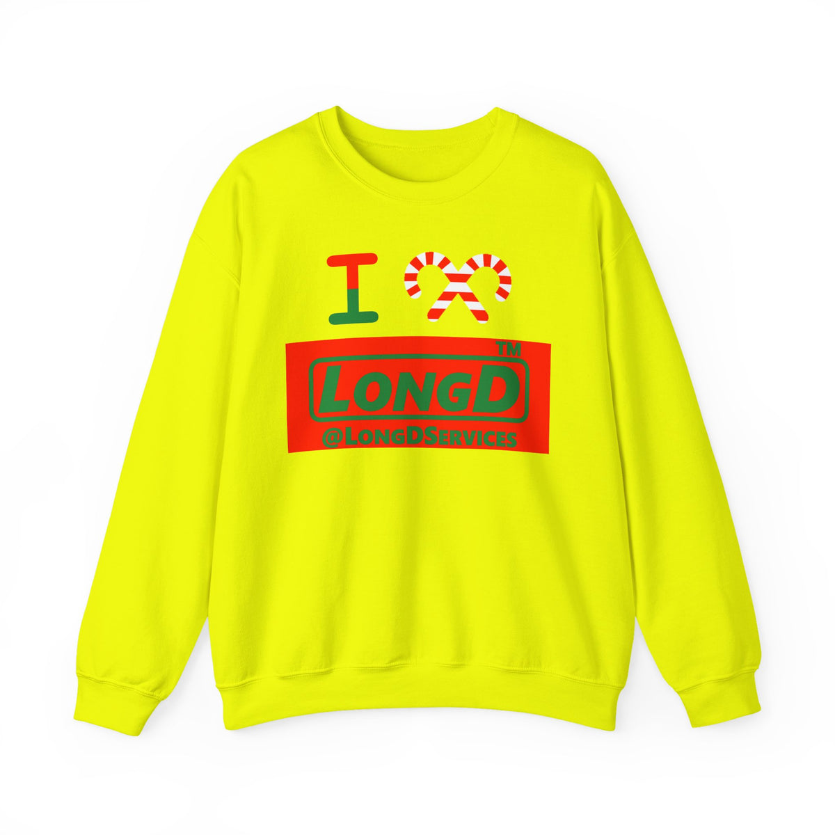 I candy cane LongD Tag logo positive green on negative red crewneck sweatshirt