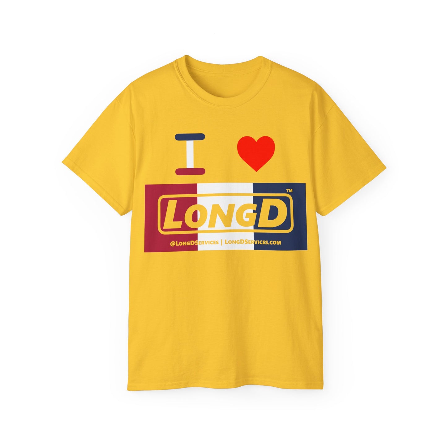 I Luv LongD® Logo Cotton Tee Red, White and Blue negative thirds text