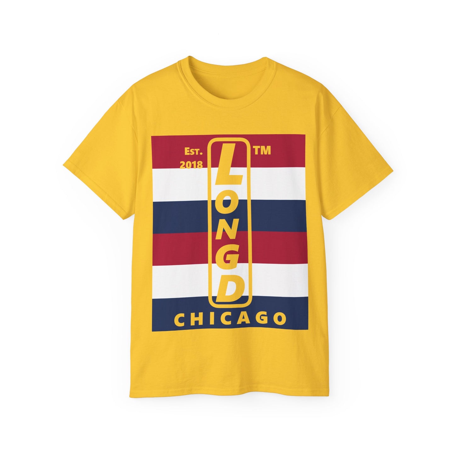 LongD cotton tee negative horizontal 6-striped Chicago upright logo (Patriotic colors)
