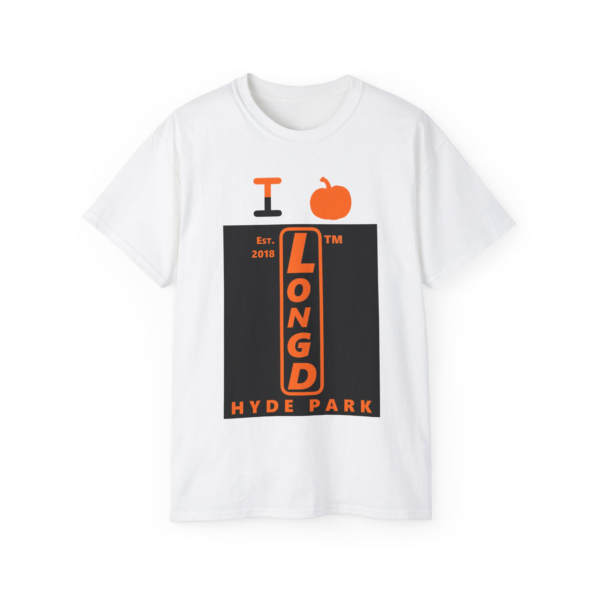 I pumpkin LongD Hyde Park upright logo positive orange on negative black cotton tee