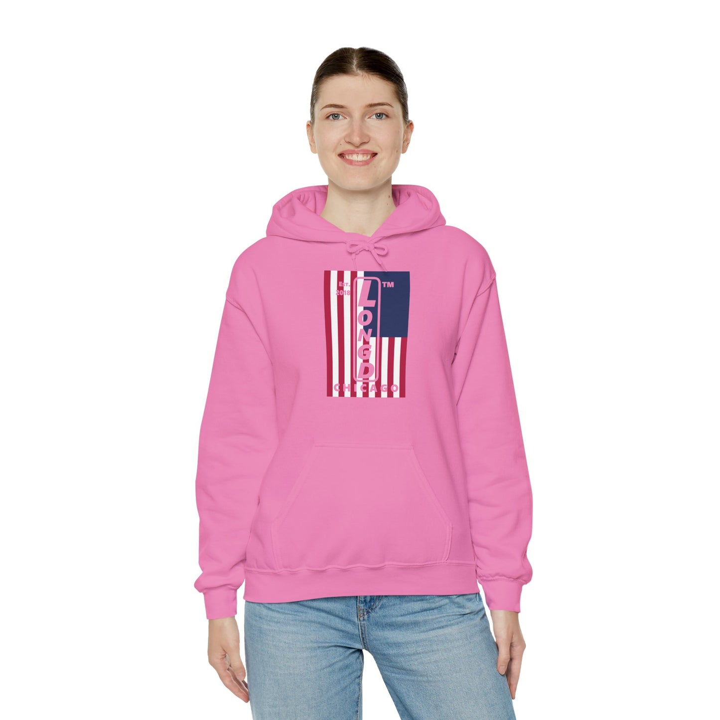 LongD® negative cropped flag upright Chicago logo hoodie