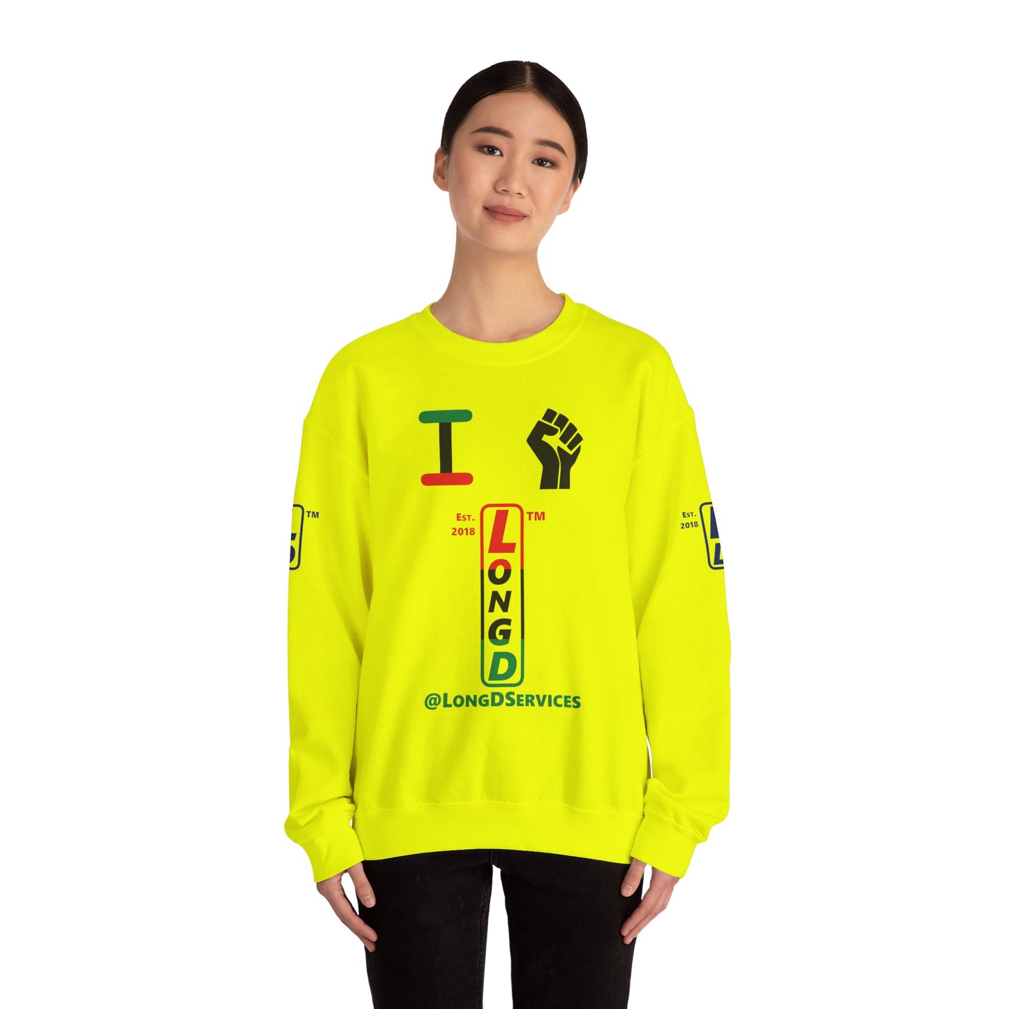 I Fist LongD positive horizontal 3-striped tag upright 4-print logo crewneck sweatshirt