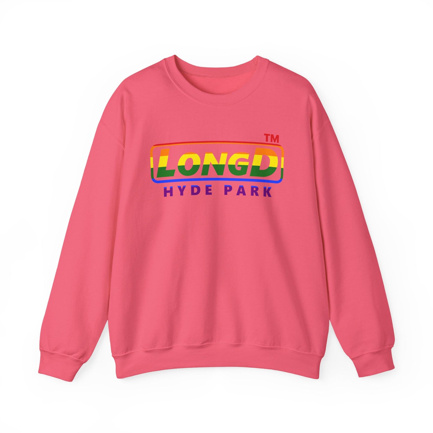 LongD positive horizontal striped Hyde Park logo crewneck sweatshirt (Pride colors)