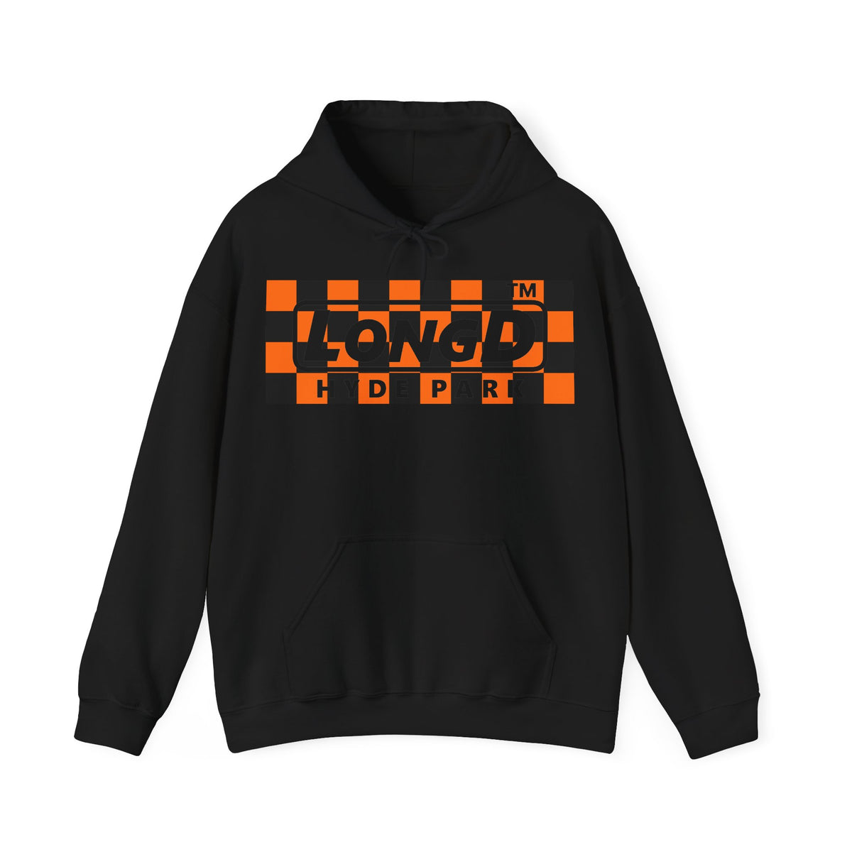 LongD Hyde Park negative checkered logo (Halloween colors) hoodie