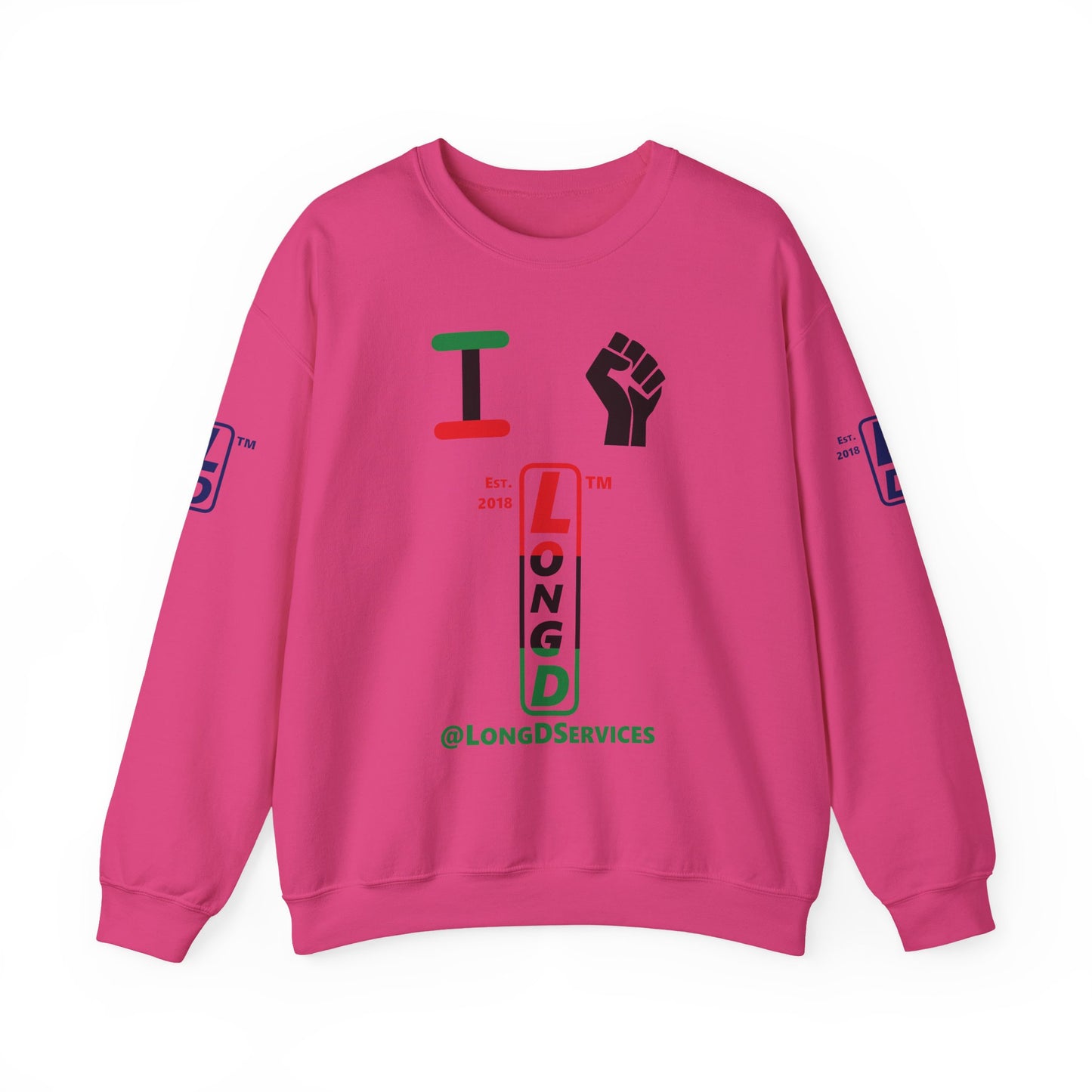 I Fist LongD positive horizontal 3-striped tag upright 4-print logo crewneck sweatshirt