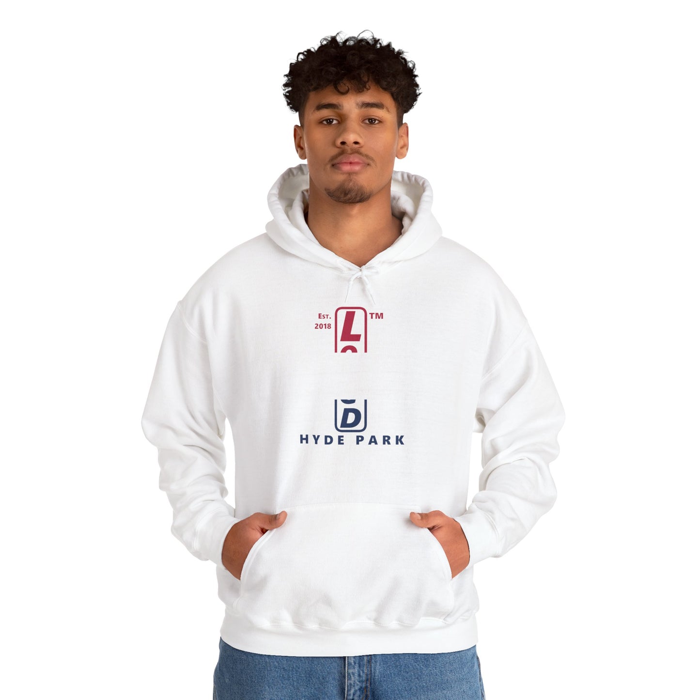 LongD® positive horizontal 3-striped upright Hyde Park logo hoodie