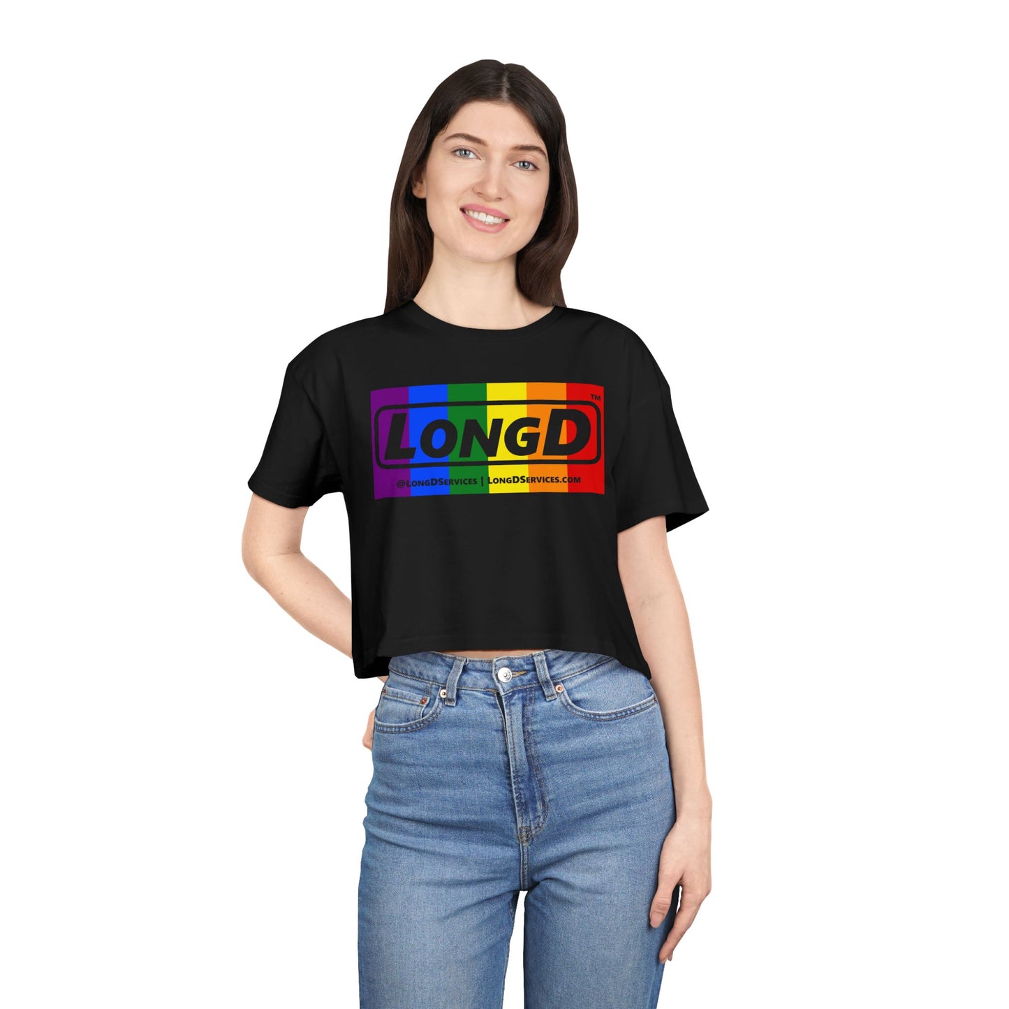 LongD Logo Women's Crop Tee (Pride color rainbow negative logo)