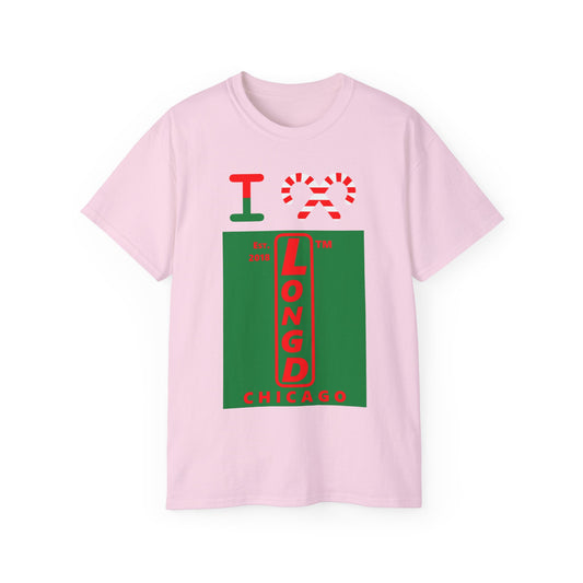 I candy cane LongD Chicago upright logo positive red on negative green cotton tee
