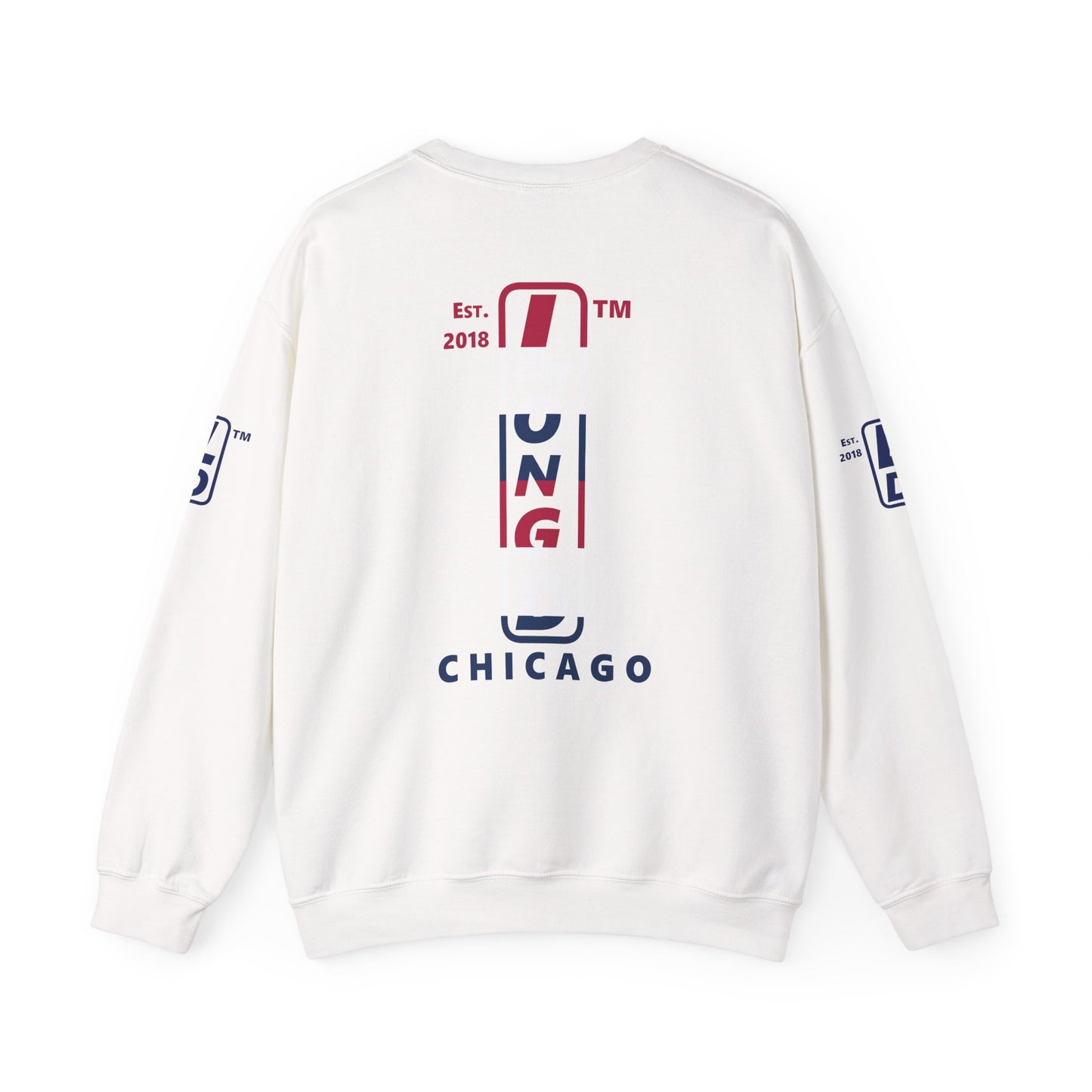 I Burst LongD positive horizontal 6-striped Chicago upright 4-print logo crewneck sweatshirt