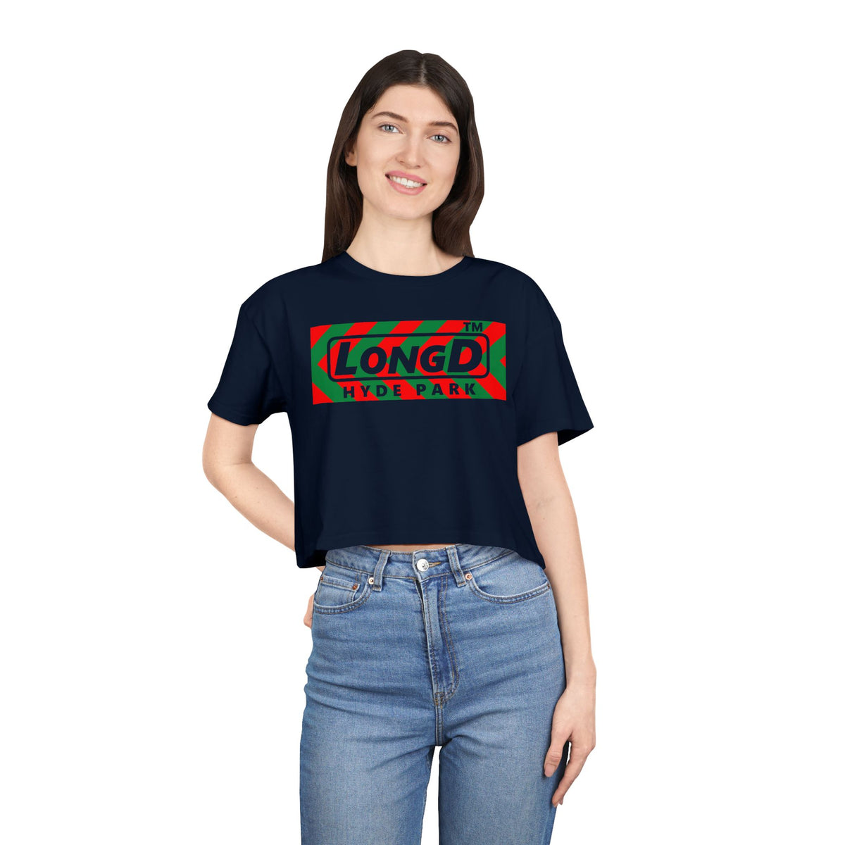 LongD Hyde Park negative leftward chevron logo (Xmas colors) crop tee