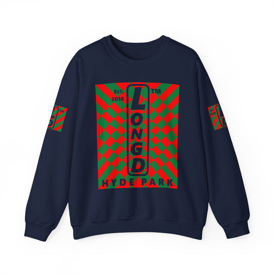 LongD Hyde Park negative upright stylized argyle 4-print logo (Xmas colors) crewneck sweatshirt