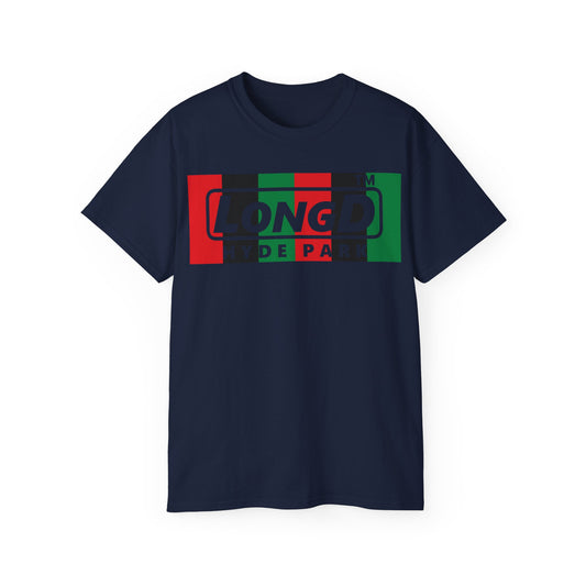 LongD negative vertical 6-striped Hyde Park logo front-back cotton tee (Juneteenth colors)