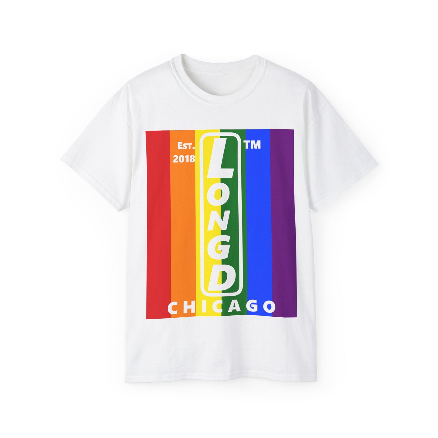 LongD Cotton Tee negative vertical striped Chicago upright logo (Pride colors)