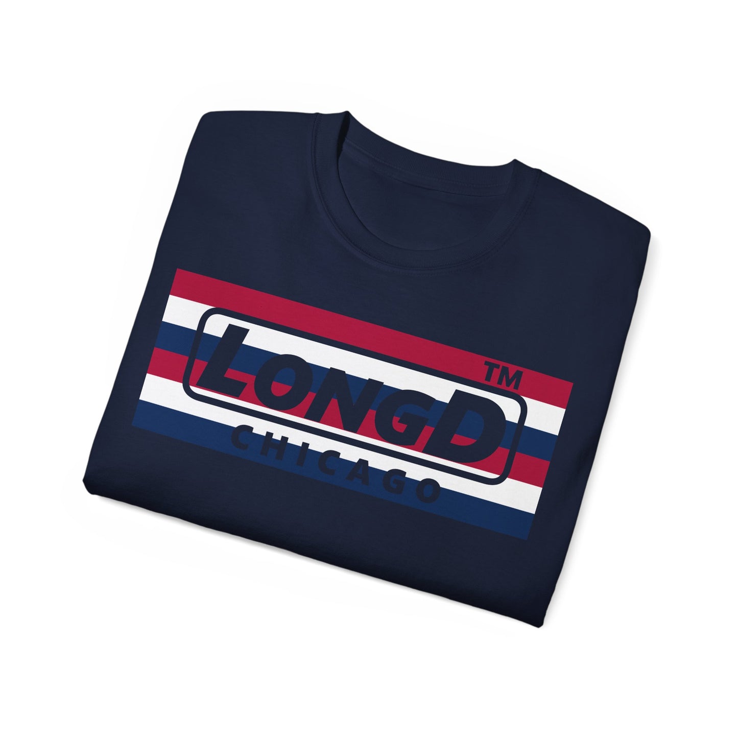 LongD negative horizontal 6-striped Chicago logo cotton tee (patriotic colors)