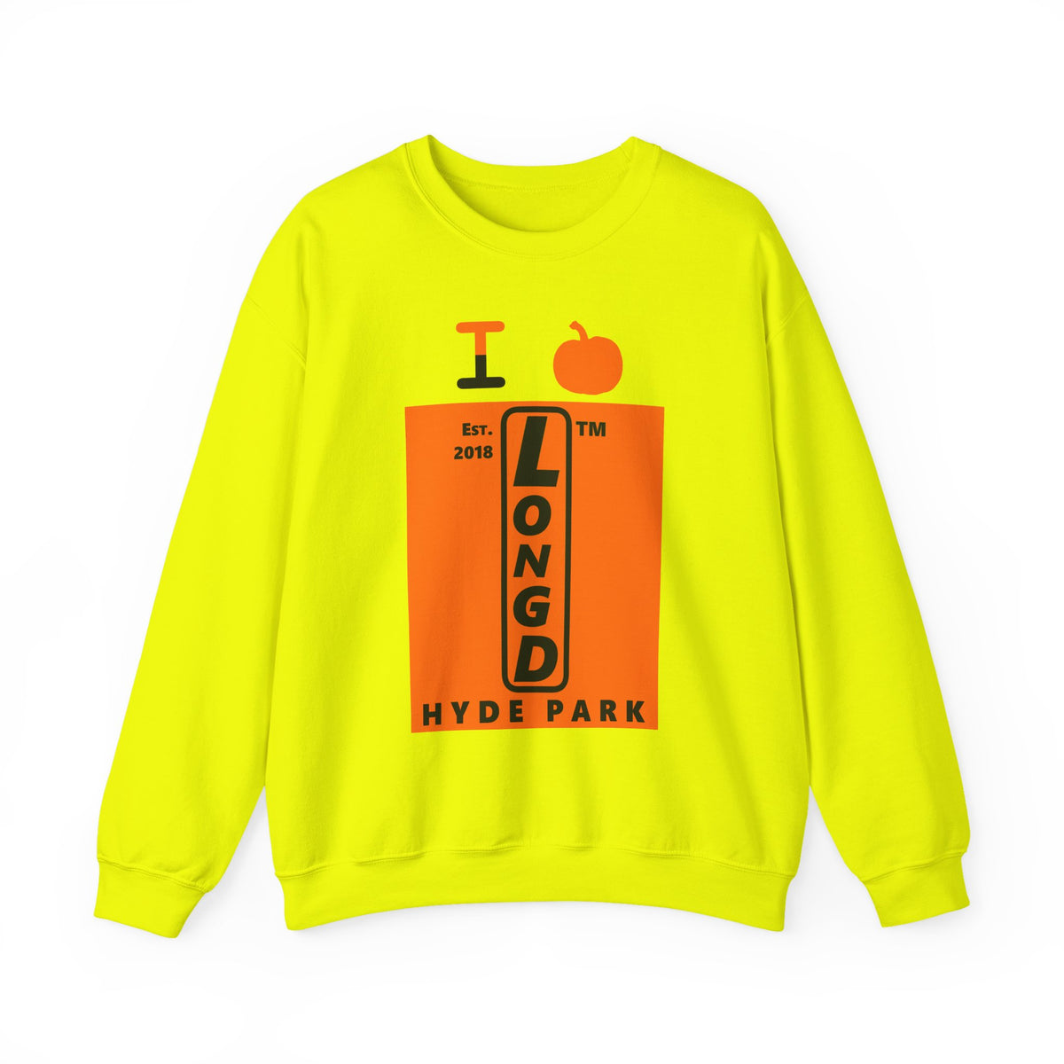 I pumpkin LongD Hyde Park upright logo positive black on negative orange crewneck sweatshirt