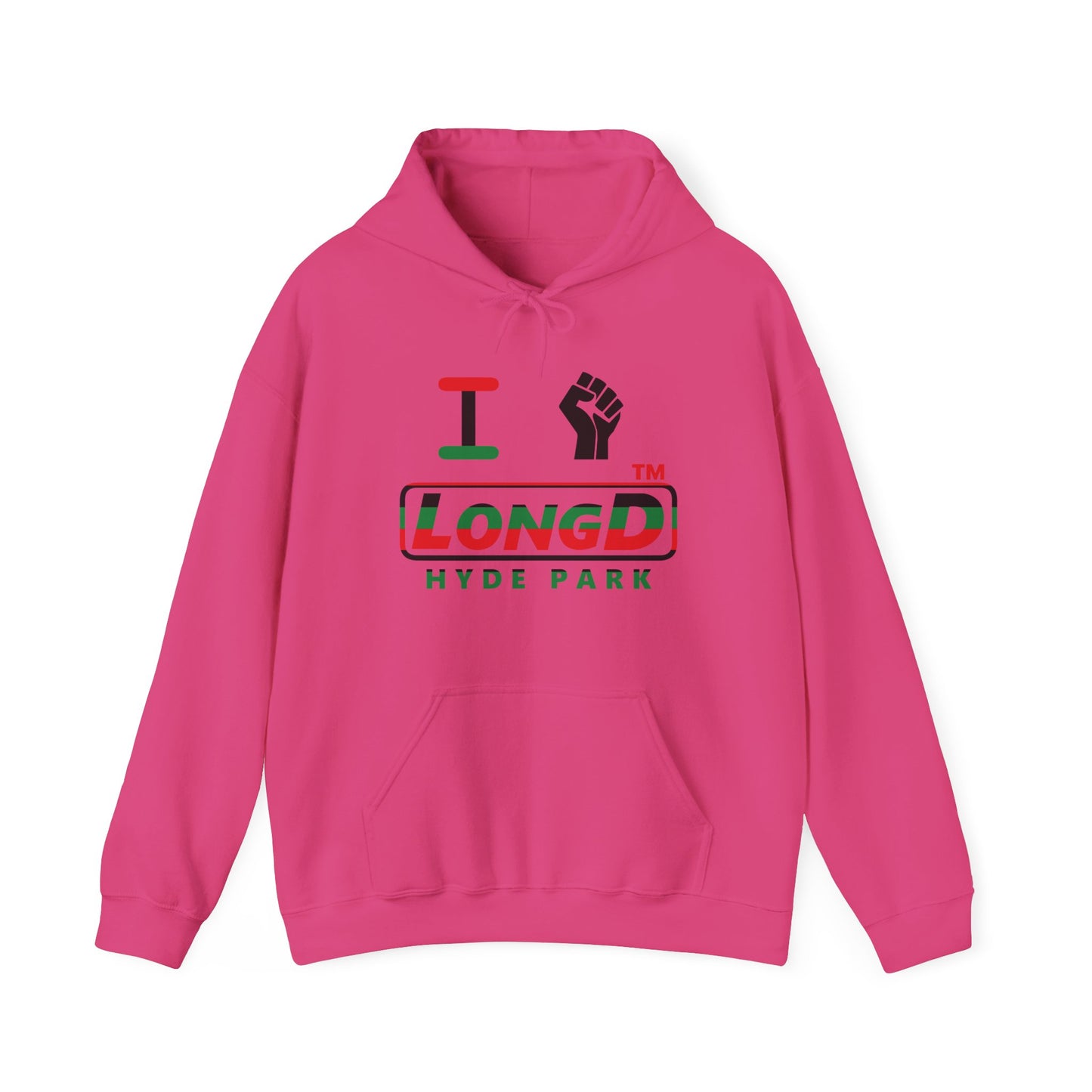 I fist LongD® positive horizontal 6-striped Hyde Park logo Hoodie (Juneteenth colors)