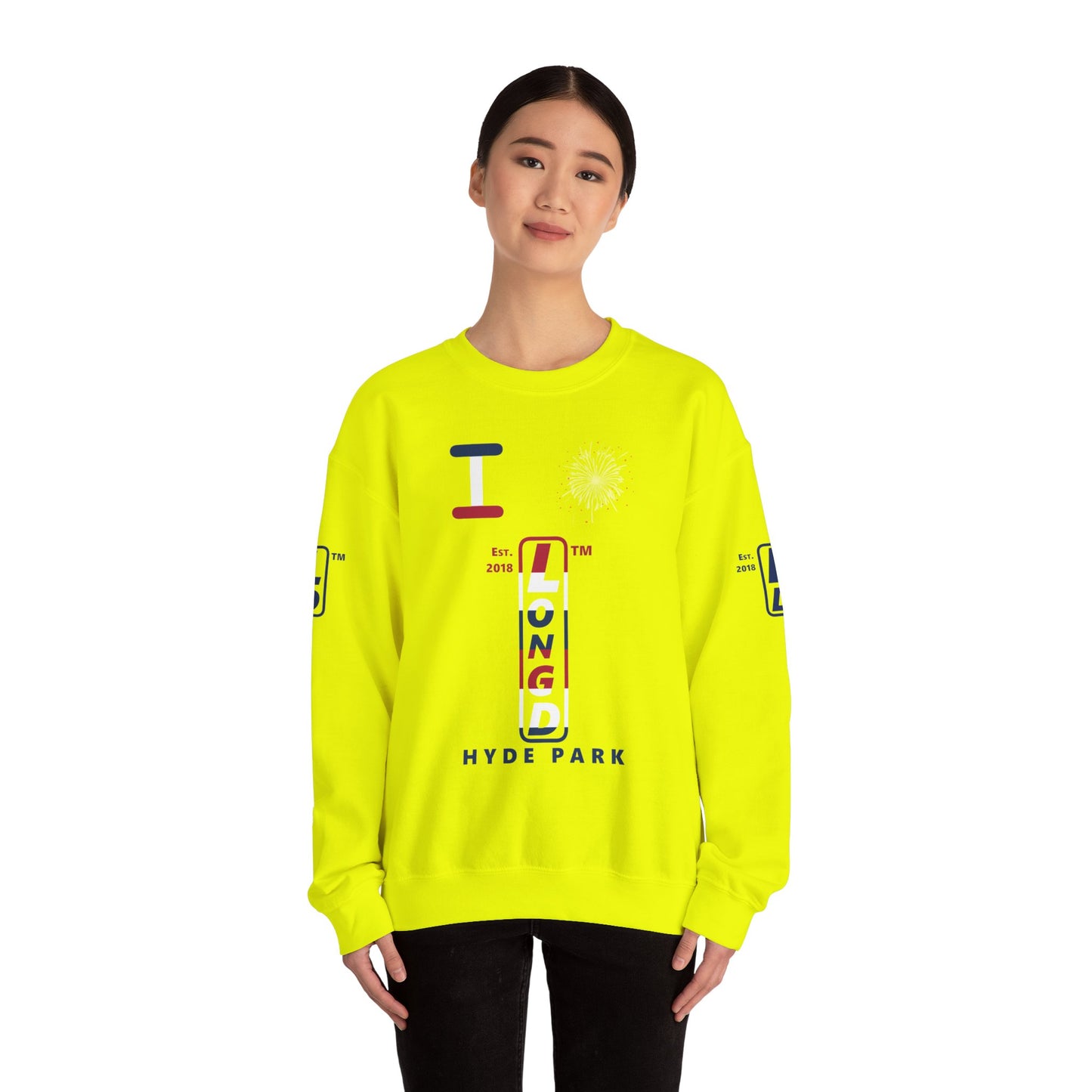 I Burst LongD positive horizontal 6-striped Hyde Park upright 4-print logo crewneck sweatshirt