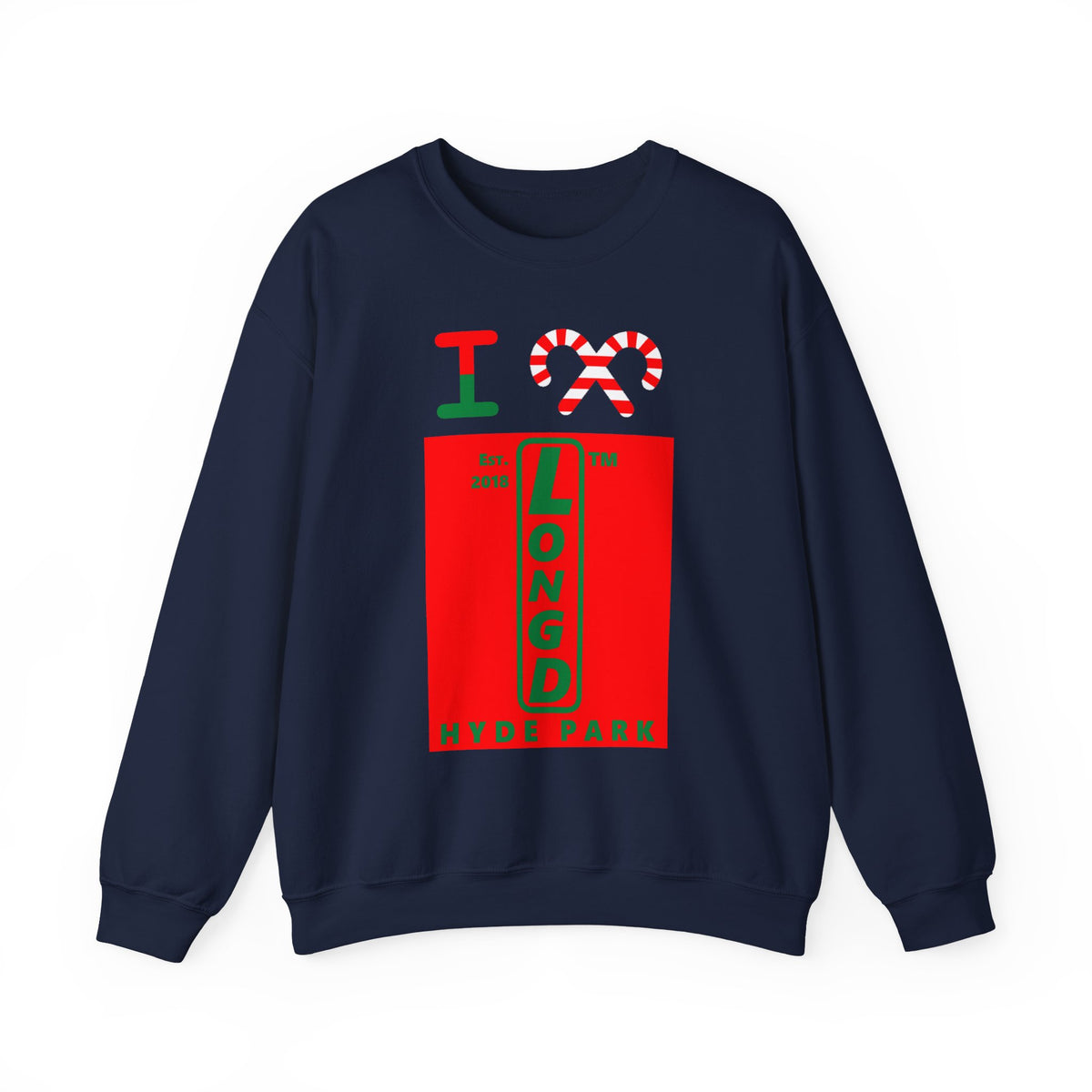 I candy cane LongD Hyde Park upright logo positive green on negative red crewneck sweatshirt