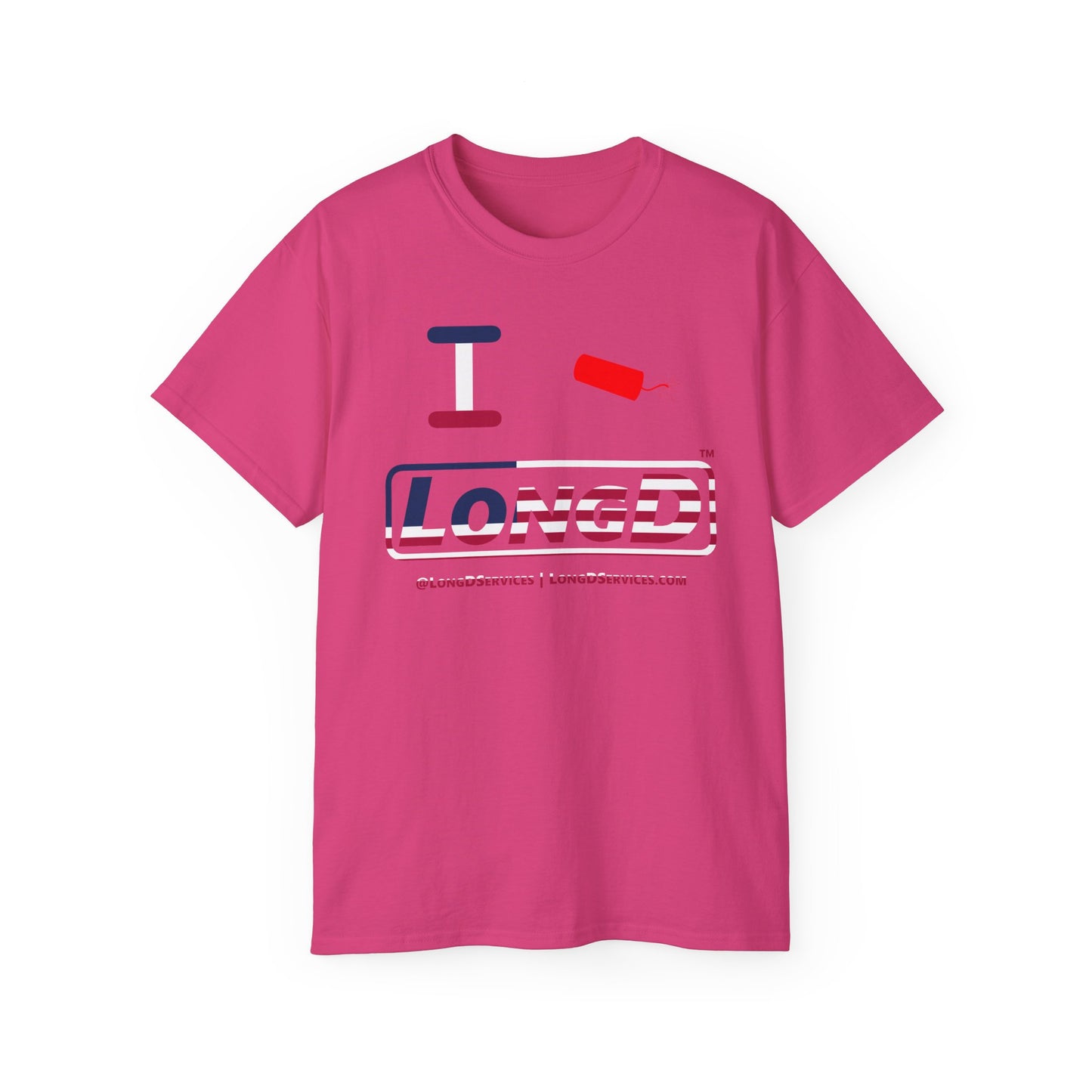 I Firecracker LongD® Logo Cotton Tee Red, White and Blue positive flag