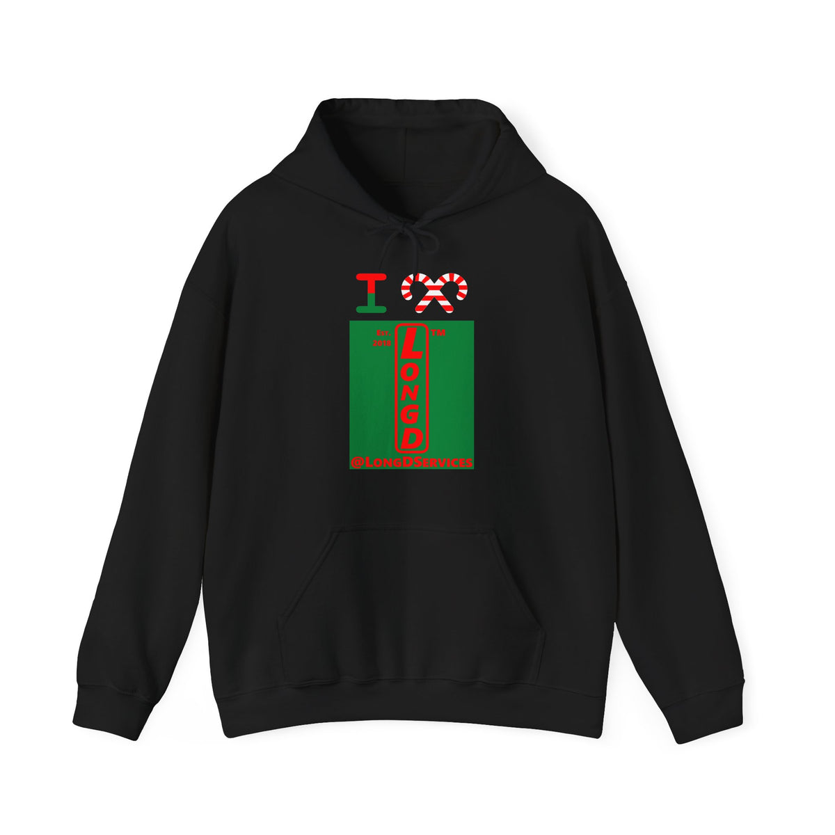 I candy cane LongD Tag upright front-back logo positive red on negative green hoodie