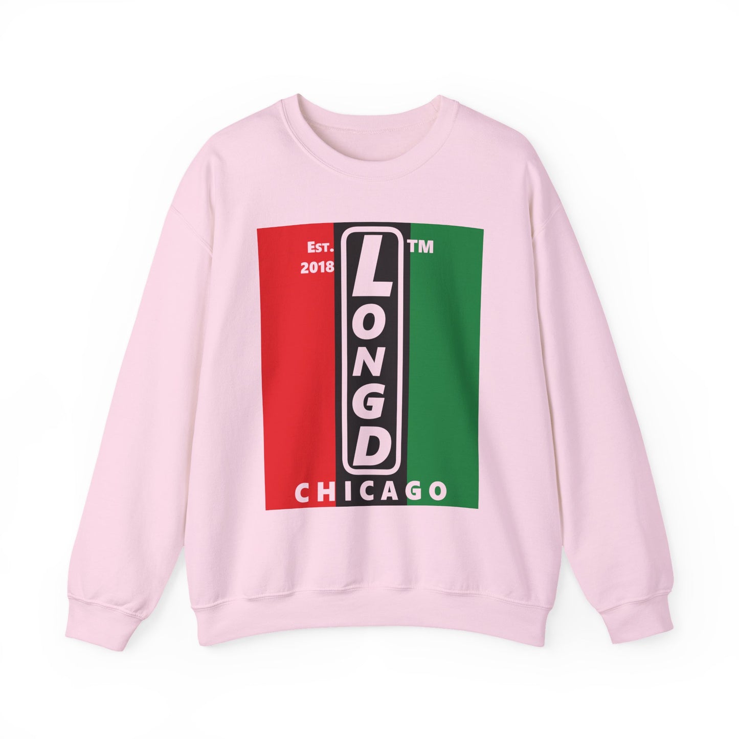 LongD negative vertical 3-striped Chicago upright logo crewneck sweatshirt (Juneteenth colors)