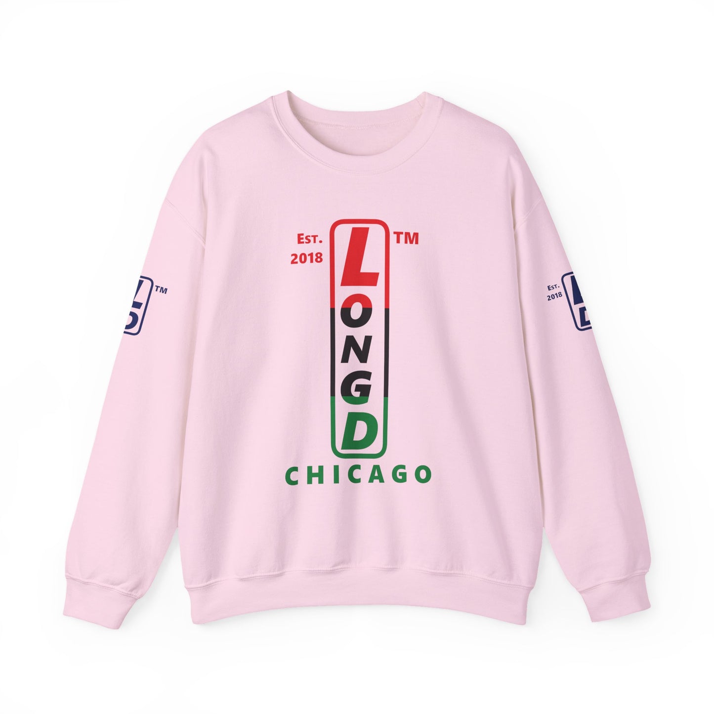 LongD positive horizontal 3-striped Chicago 4-print upright logo crewneck sweatshirt (Juneteenth colors)