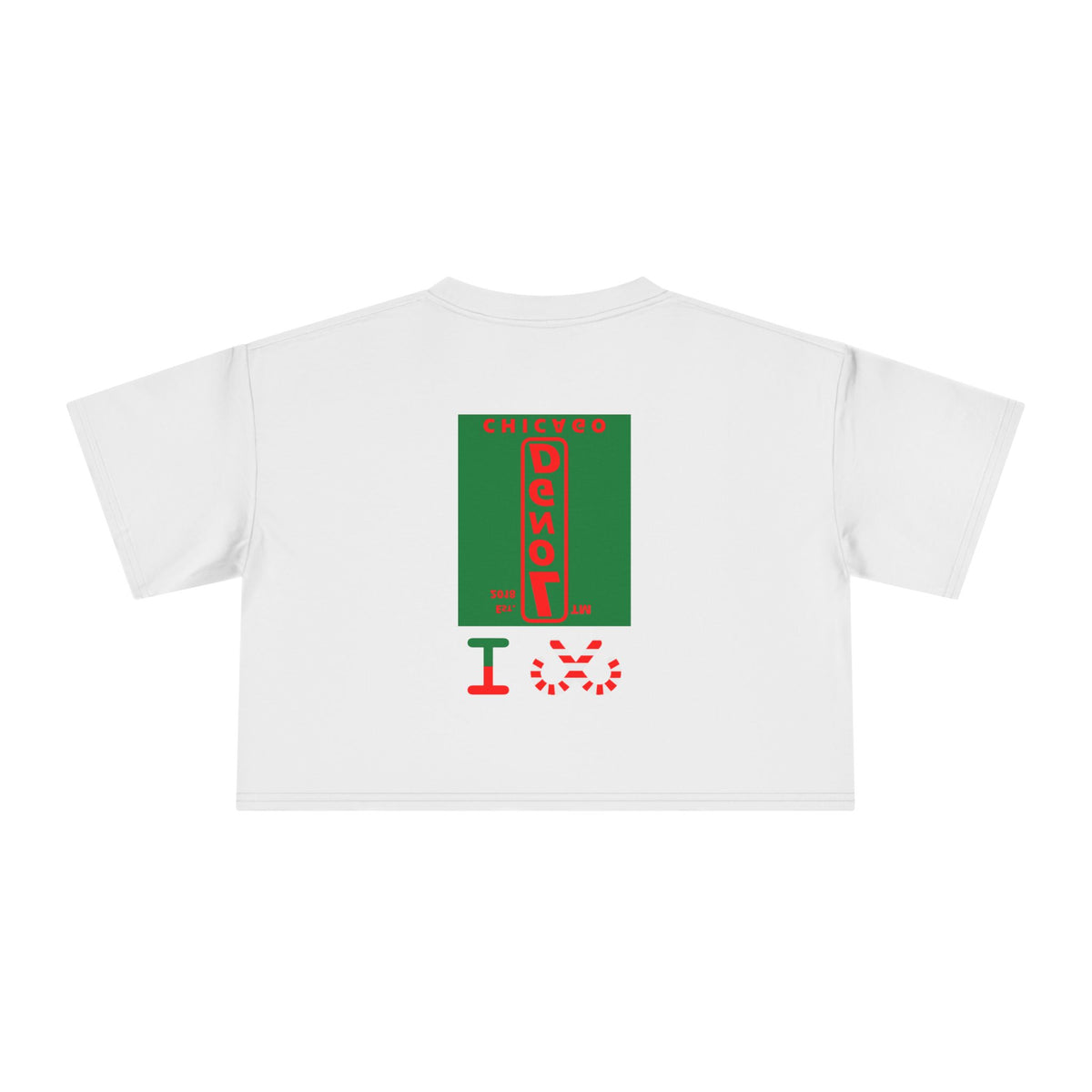 I candy cane LongD Chicago upright front-back logo positive red on negative green crop tee